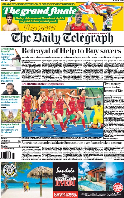 The Daily Telegraph Newspaper Front Page for 20 August 2016