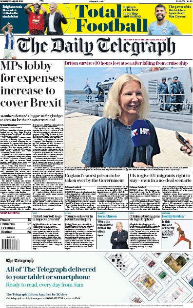 The Daily Telegraph Newspaper Front Page for 20 August 2018