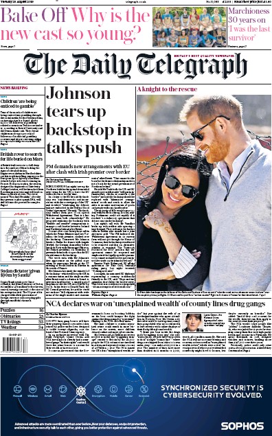 The Daily Telegraph Newspaper Front Page for 20 August 2019
