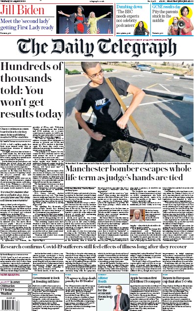 The Daily Telegraph Newspaper Front Page for 20 August 2020