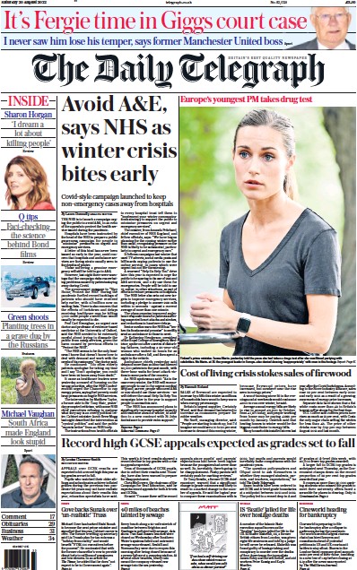 The Daily Telegraph (UK) Newspaper Front Page for 20 August 2022