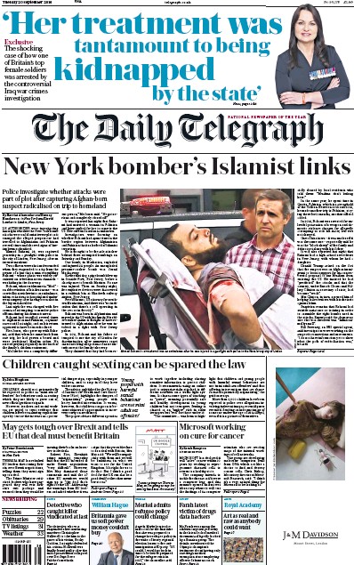 The Daily Telegraph Newspaper Front Page for 20 September 2016