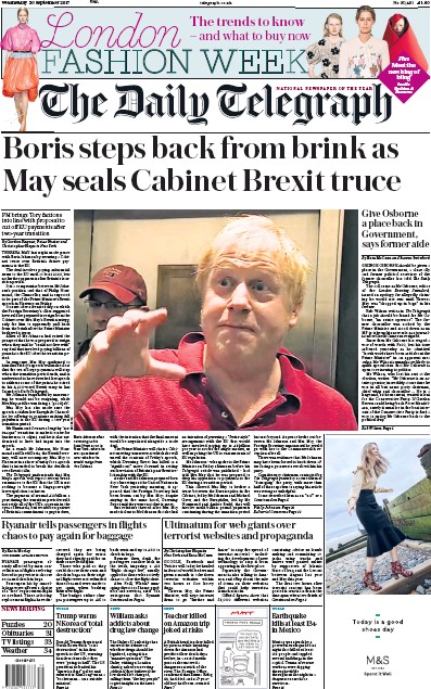 The Daily Telegraph (UK) Newspaper Front Page for 20 September 2017
