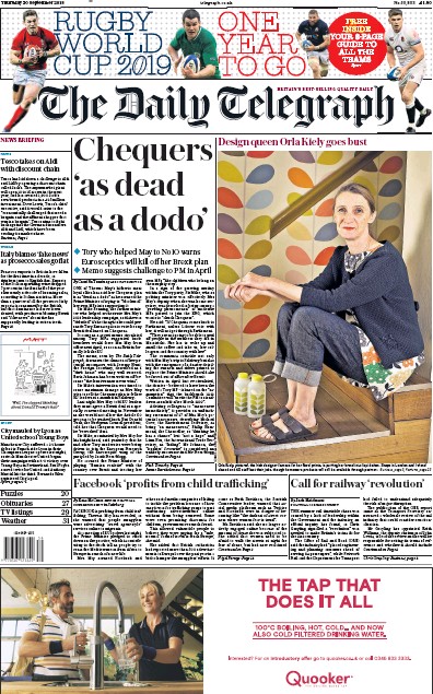The Daily Telegraph Newspaper Front Page for 20 September 2018