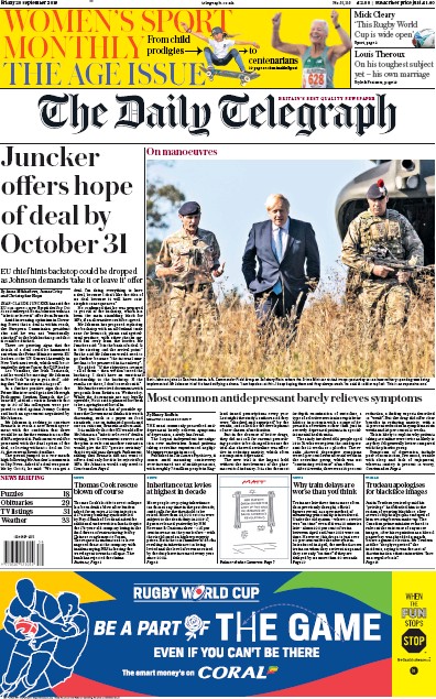 The Daily Telegraph Newspaper Front Page for 20 September 2019