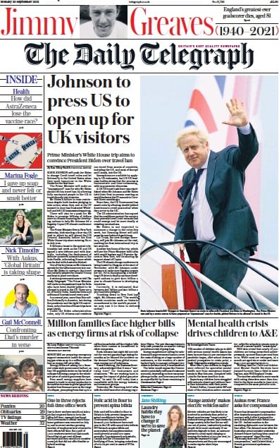 The Daily Telegraph (UK) Newspaper Front Page for 20 September 2021