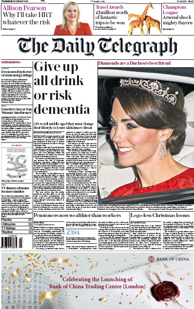The Daily Telegraph Newspaper Front Page for 21 October 2015