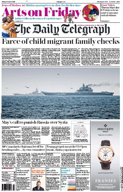 The Daily Telegraph Newspaper Front Page for 21 October 2016