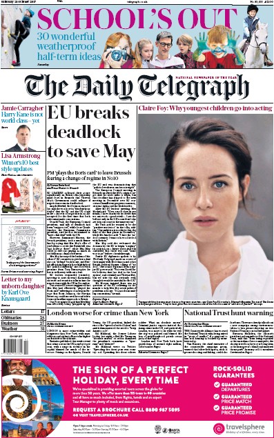 The Daily Telegraph Newspaper Front Page for 21 October 2017