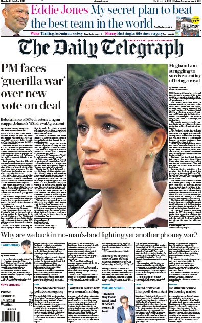 The Daily Telegraph Newspaper Front Page for 21 October 2019