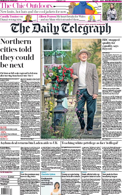 The Daily Telegraph Newspaper Front Page for 21 October 2020