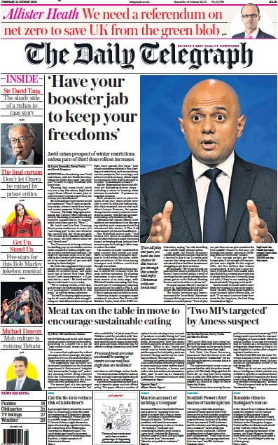 The Daily Telegraph (UK) Newspaper Front Page for 21 October 2021