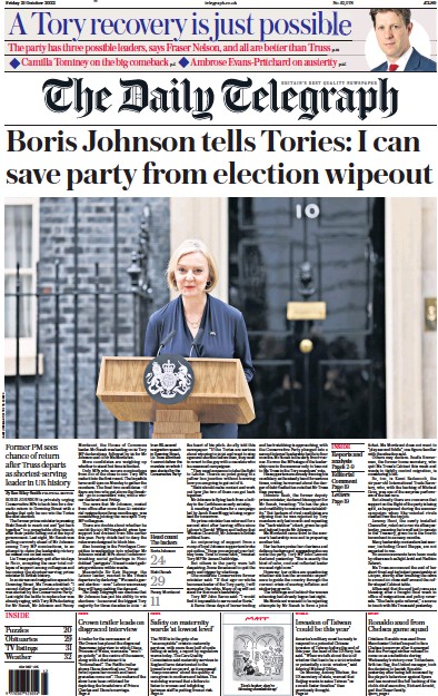 The Daily Telegraph (UK) Newspaper Front Page for 21 October 2022