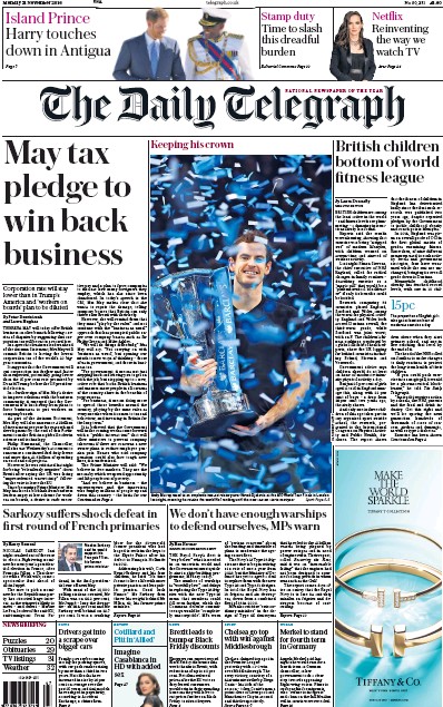 The Daily Telegraph Newspaper Front Page for 21 November 2016