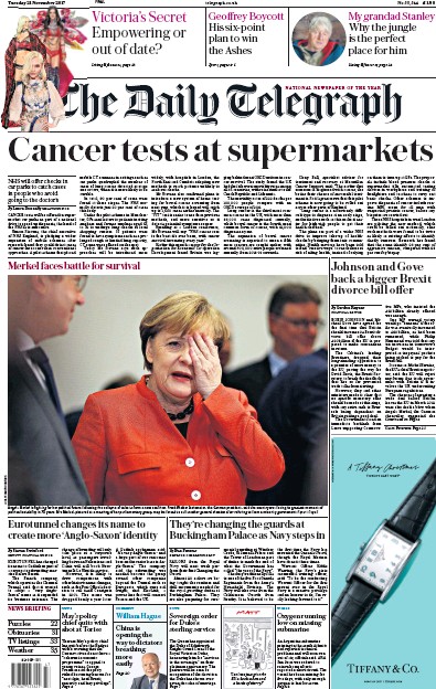 The Daily Telegraph Newspaper Front Page for 21 November 2017