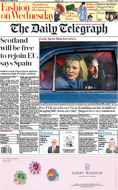 The Daily Telegraph (UK) Newspaper Front Page for 21 November 2018