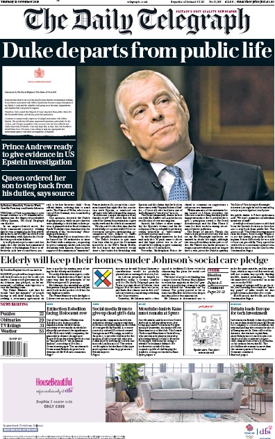 The Daily Telegraph Newspaper Front Page for 21 November 2019