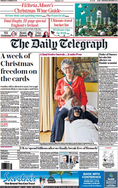 The Daily Telegraph Newspaper Front Page for 21 November 2020