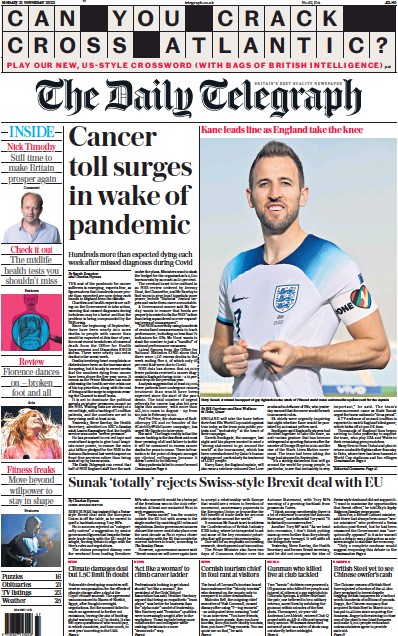 The Daily Telegraph (UK) Newspaper Front Page for 21 November 2022