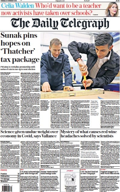 The Daily Telegraph (UK) Newspaper Front Page for 21 November 2023