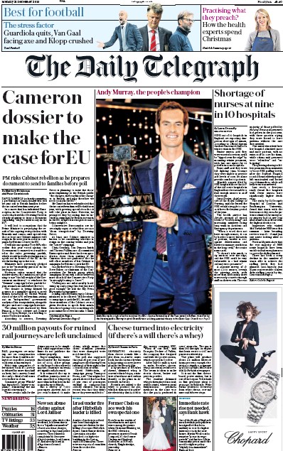 The Daily Telegraph Newspaper Front Page for 21 December 2015