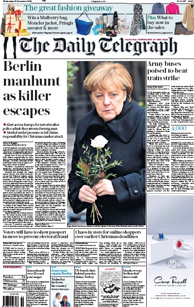 The Daily Telegraph Newspaper Front Page for 21 December 2016
