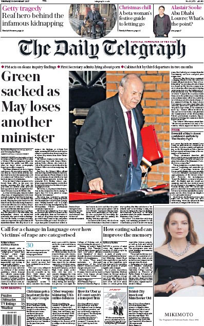 The Daily Telegraph Newspaper Front Page for 21 December 2017