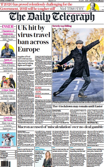 The Daily Telegraph Newspaper Front Page for 21 December 2020