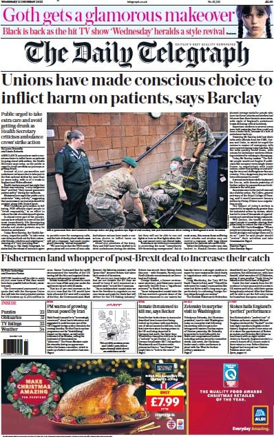 The Daily Telegraph Newspaper Front Page for 21 December 2022
