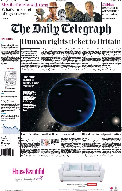 The Daily Telegraph Newspaper Front Page for 21 January 2016