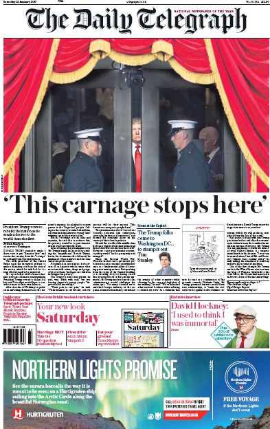 The Daily Telegraph Newspaper Front Page for 21 January 2017