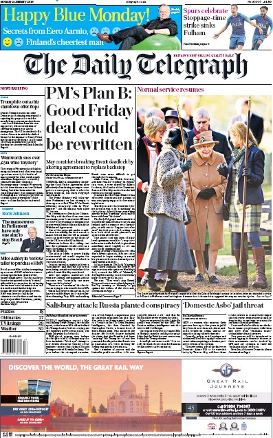 The Daily Telegraph (UK) Newspaper Front Page for 21 January 2019