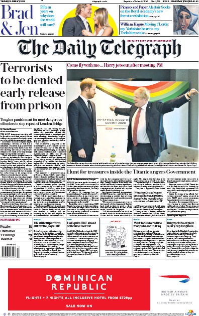The Daily Telegraph Newspaper Front Page for 21 January 2020