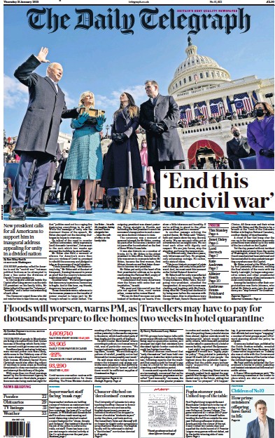The Daily Telegraph Newspaper Front Page for 21 January 2021