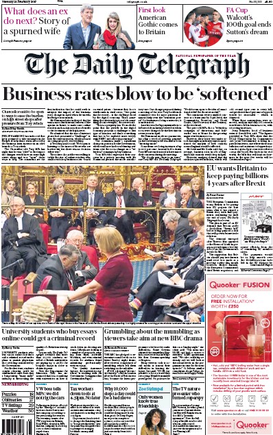 The Daily Telegraph Newspaper Front Page for 21 February 2017