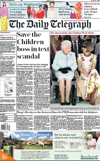 The Daily Telegraph Newspaper Front Page for 21 February 2018
