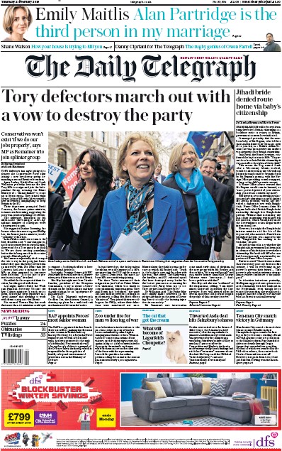 The Daily Telegraph Newspaper Front Page for 21 February 2019