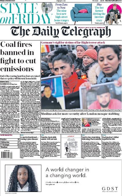 The Daily Telegraph Newspaper Front Page for 21 February 2020