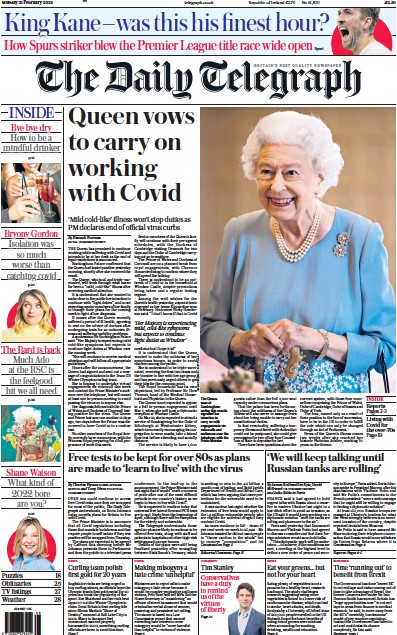 The Daily Telegraph (UK) Newspaper Front Page for 21 February 2022