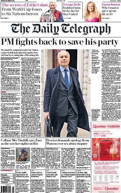 The Daily Telegraph (UK) Newspaper Front Page for 21 March 2016