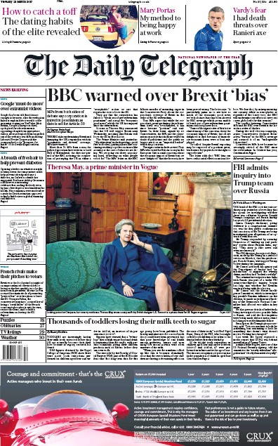 The Daily Telegraph Newspaper Front Page for 21 March 2017