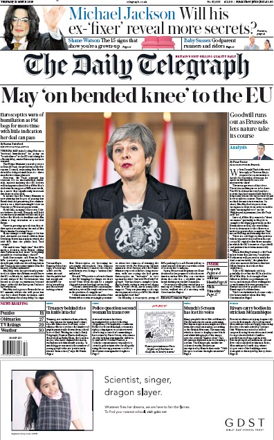 The Daily Telegraph Newspaper Front Page for 21 March 2019