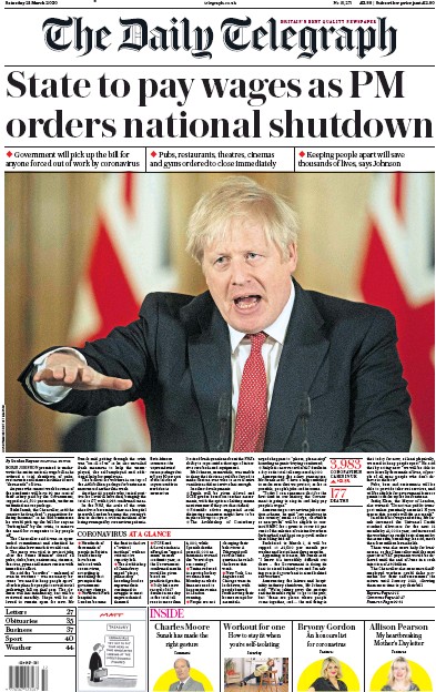 The Daily Telegraph Newspaper Front Page for 21 March 2020