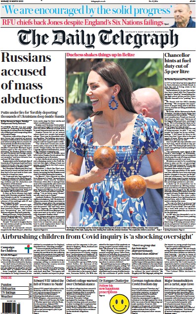The Daily Telegraph Newspaper Front Page for 21 March 2022