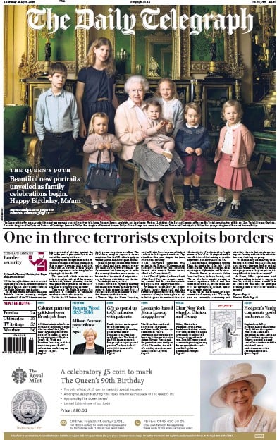 The Daily Telegraph Newspaper Front Page for 21 April 2016