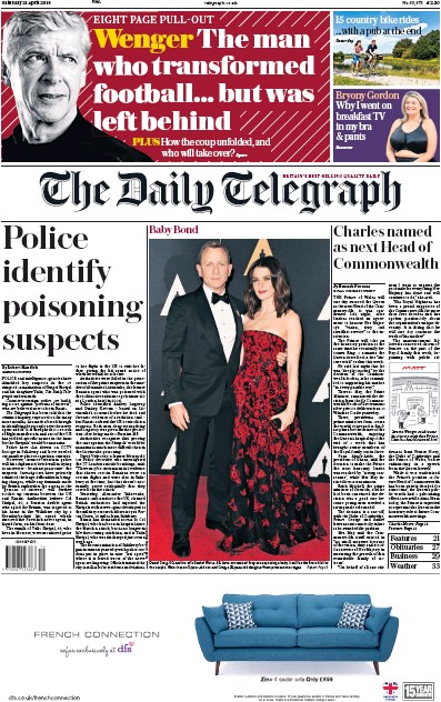 The Daily Telegraph Newspaper Front Page for 21 April 2018