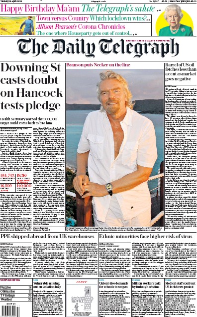The Daily Telegraph Newspaper Front Page for 21 April 2020