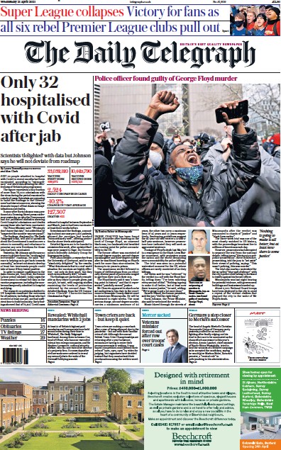 The Daily Telegraph (UK) Newspaper Front Page for 21 April 2021