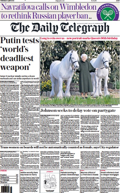 The Daily Telegraph Newspaper Front Page for 21 April 2022