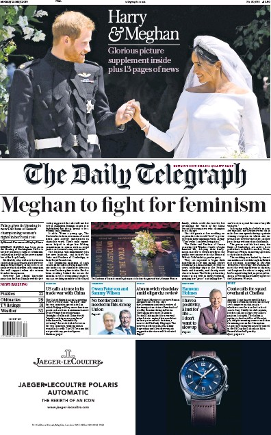 The Daily Telegraph Newspaper Front Page for 21 May 2018